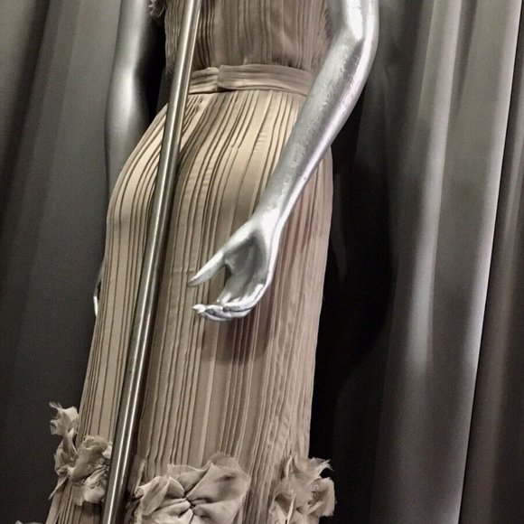Designer evening dress (Tadashi Shoji) in Taupe , pleated with floral appliques - Picture 7 of 8